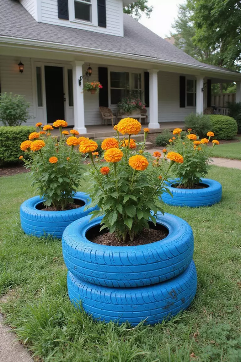 A photo of a typical American home’s garden where old car tires are painted bright blue and stacked to create unique planters filled with marigolds.