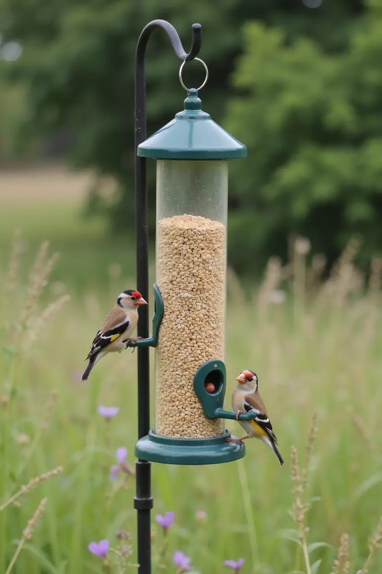 A professional photo, similar to a photo in a gardening magazine, of a simple tube bird feeder hanging from a pole near a meadow garden, with small birds like finches visiting.