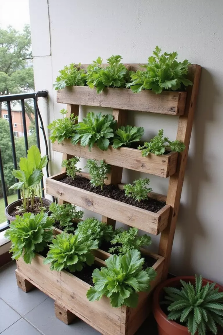 A photo of a small balcony with a rustic wooden pallet standing upright against a wall, its slats modified to hold soil and grow herbs and lettuce.