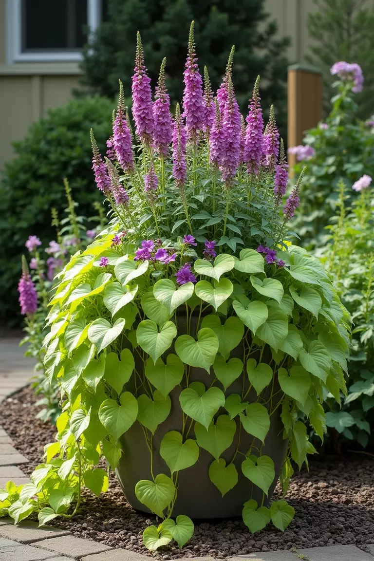 A photo of a typical American home’s garden displaying a large container where bright chartreuse and deep purple sweet potato vines spill dramatically over the edges, complementing taller flowers.
