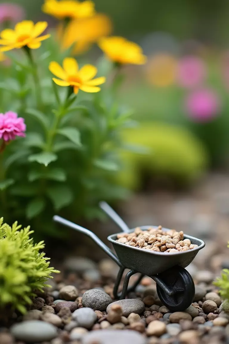 A close-up photo of a typical American garden showing a tiny metal wheelbarrow filled with miniature pebbles sitting next to a fairy garden plant.
