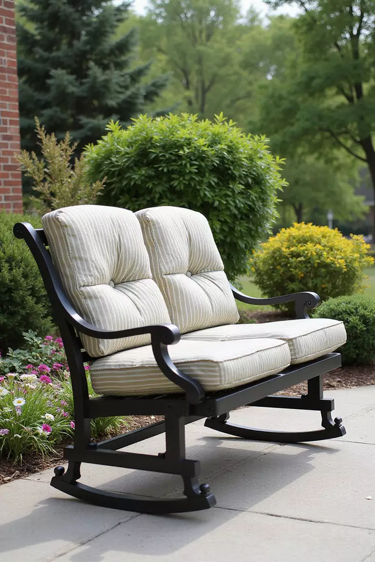 A photo of a typical American home's garden featuring a metal glider bench smoothly moving back and forth on a patio, with comfortable striped cushions.