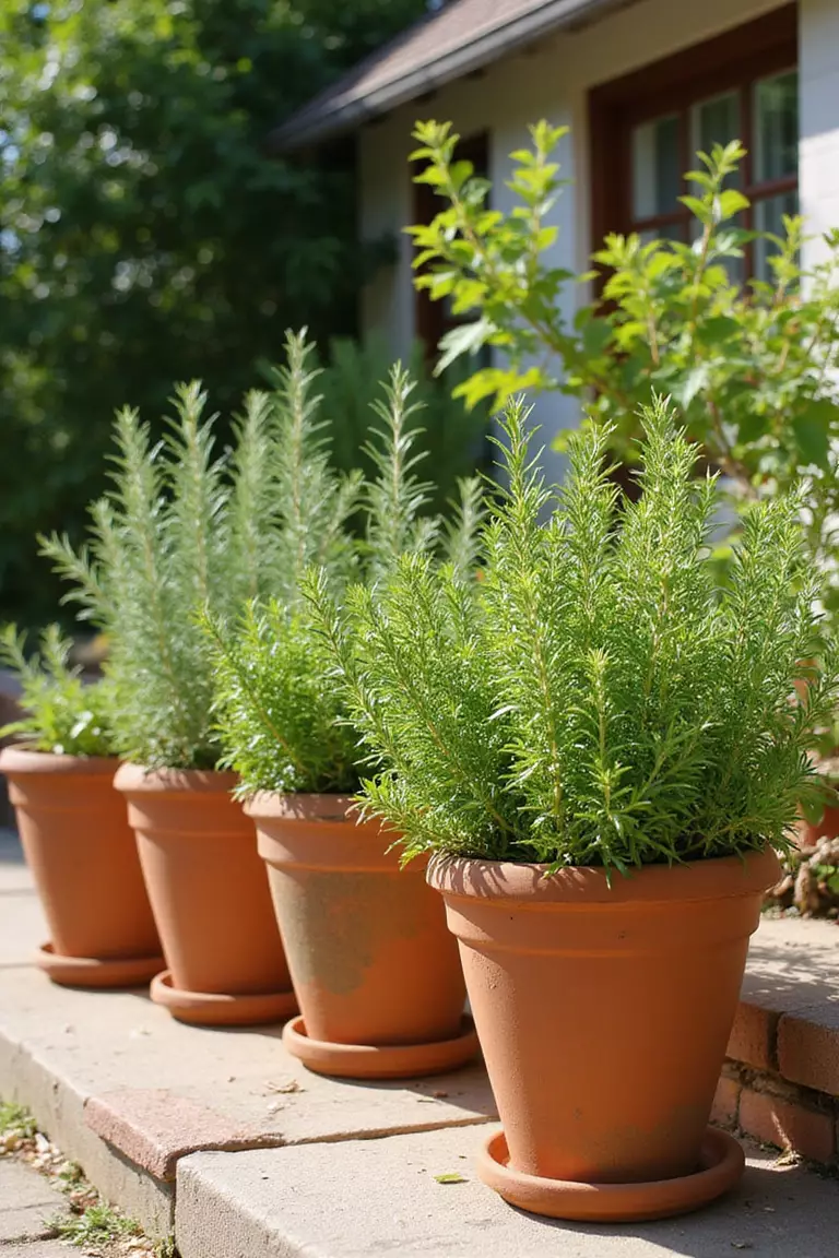 A photo of a typical American home’s garden showing terracotta pots on a sunny patio filled with thriving rosemary, thyme, and oregano plants glistening in the bright sun.