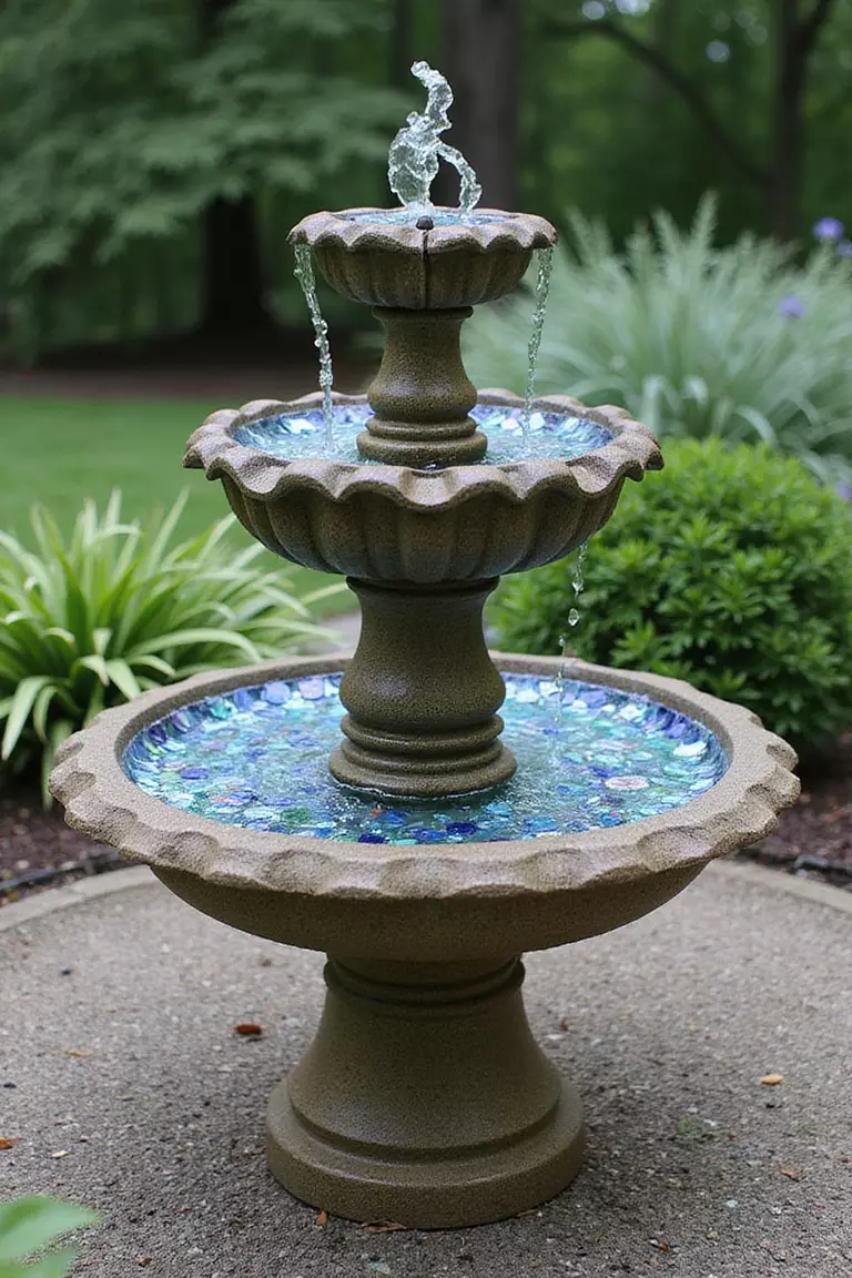 A photo of a typical American garden showcasing a small tiered fountain, its basins decorated with shimmering blue and iridescent mosaic glass pieces.