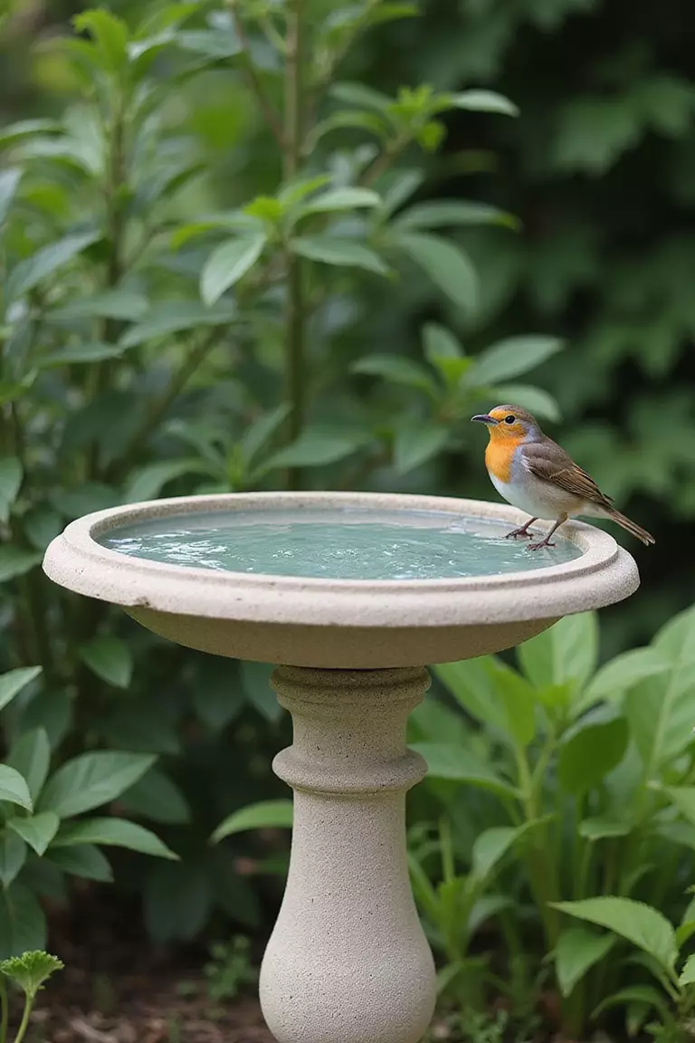 A professional photo, similar to a photo in a gardening magazine, of a simple stone bird bath filled with clean water. A small robin is perched on the edge, set amidst green foliage.