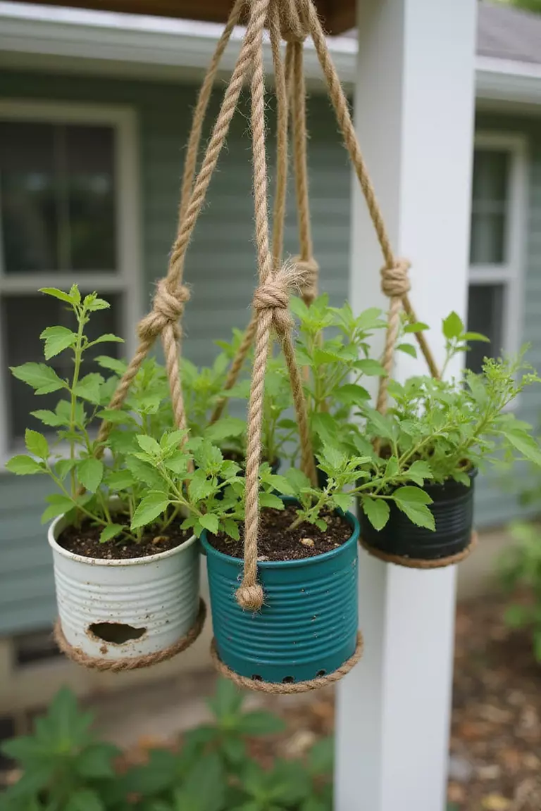 A close-up photo of a typical American home’s garden featuring several painted tin cans with punched drainage holes hanging from twine, holding small herbs.