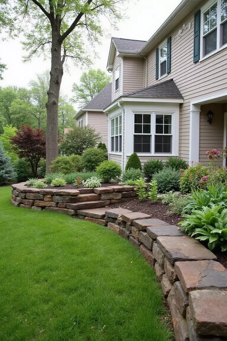 Backyard of a typical American suburban home with a garden featuring a low, dry-stacked flagstone wall as a border for a slightly raised bed.