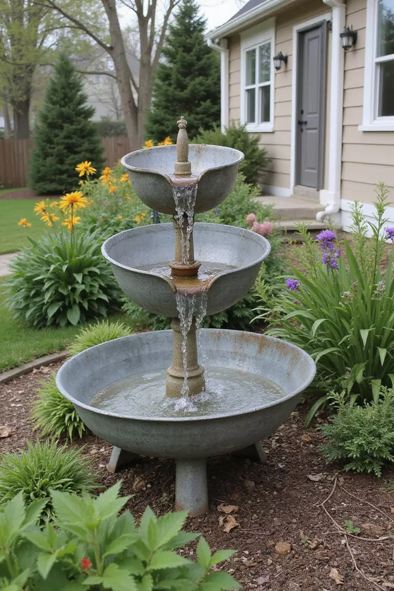 A photo of a typical American home’s garden showing a simple rustic fountain using two stacked galvanized wash tubs, water spilling from the top tub into the larger bottom one.