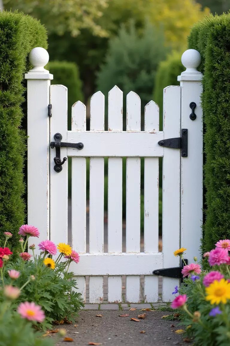 A professional photo, similar to a photo in a gardening magazine, of a simple, slightly peeling white picket gate set in a hedge, with colorful flowers blooming nearby. The latch is iron.