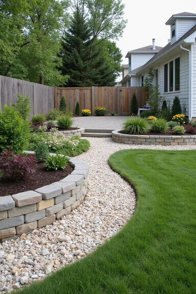 Backyard of a typical American suburban home with a garden featuring a low gabion wall border filled with light-colored stones.