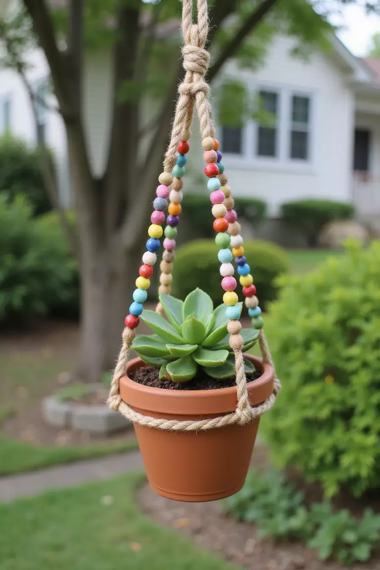 A close-up photo of a typical American home’s garden showing a plant hanger made of colorful wooden beads strung on cord, holding a small clay pot with a succulent.