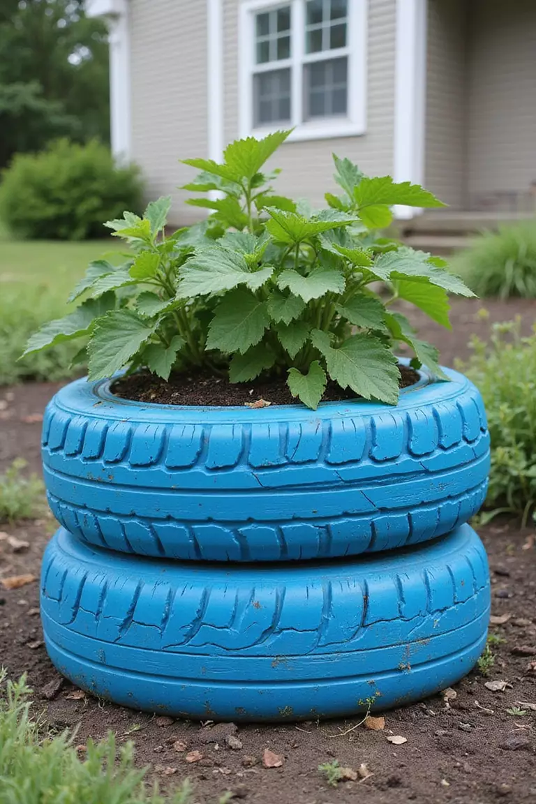 A photo of a typical American home’s garden showing a couple of old car tires stacked and painted bright blue, filled with soil and planted with potato vines.