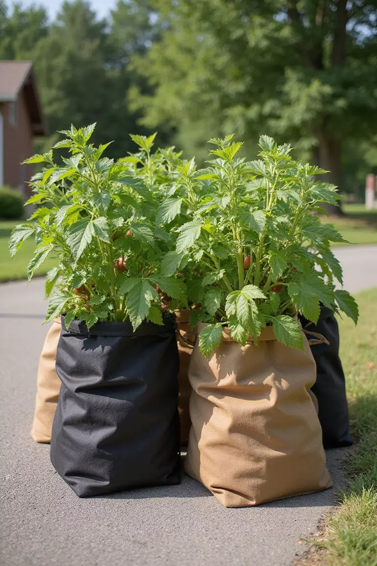 A close-up photo of a typical American home’s garden showing breathable fabric grow bags in black and tan holding tomato plants and peppers on a sunny driveway.