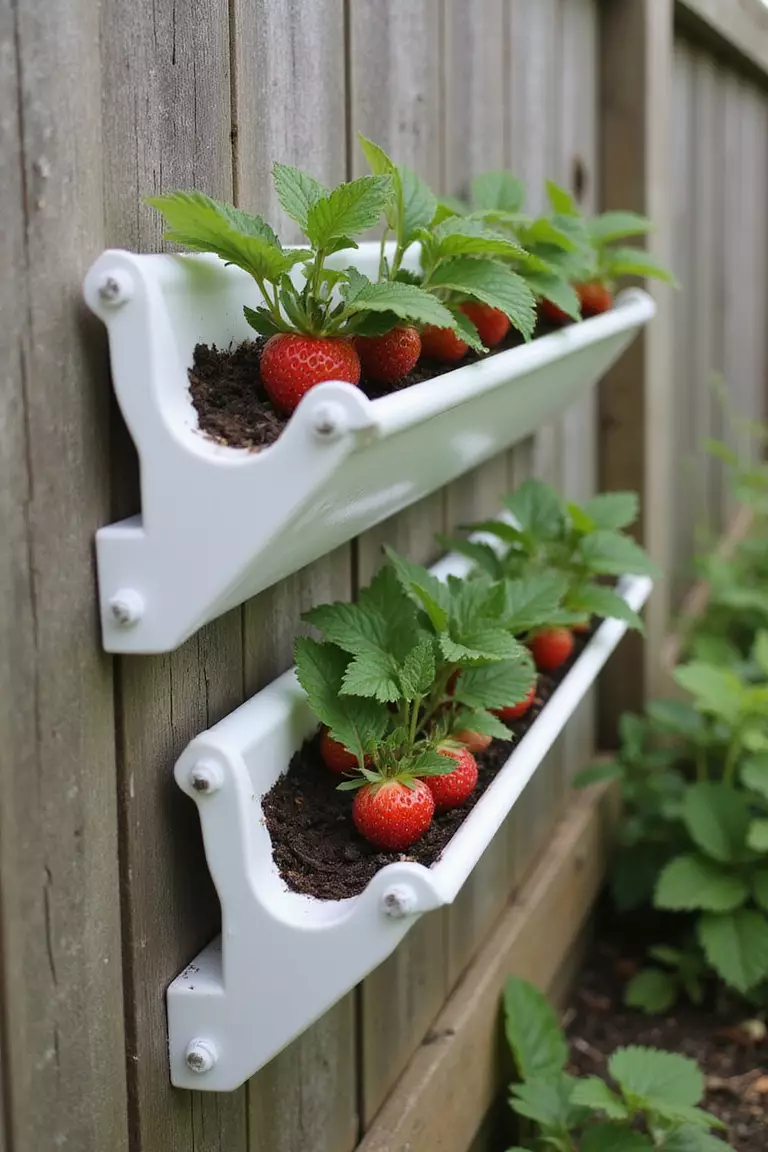 A professional photo, similar to a photo in a gardening magazine, of sections of plastic rain gutter mounted horizontally on a wooden fence, filled with soil and growing rows of strawberries.