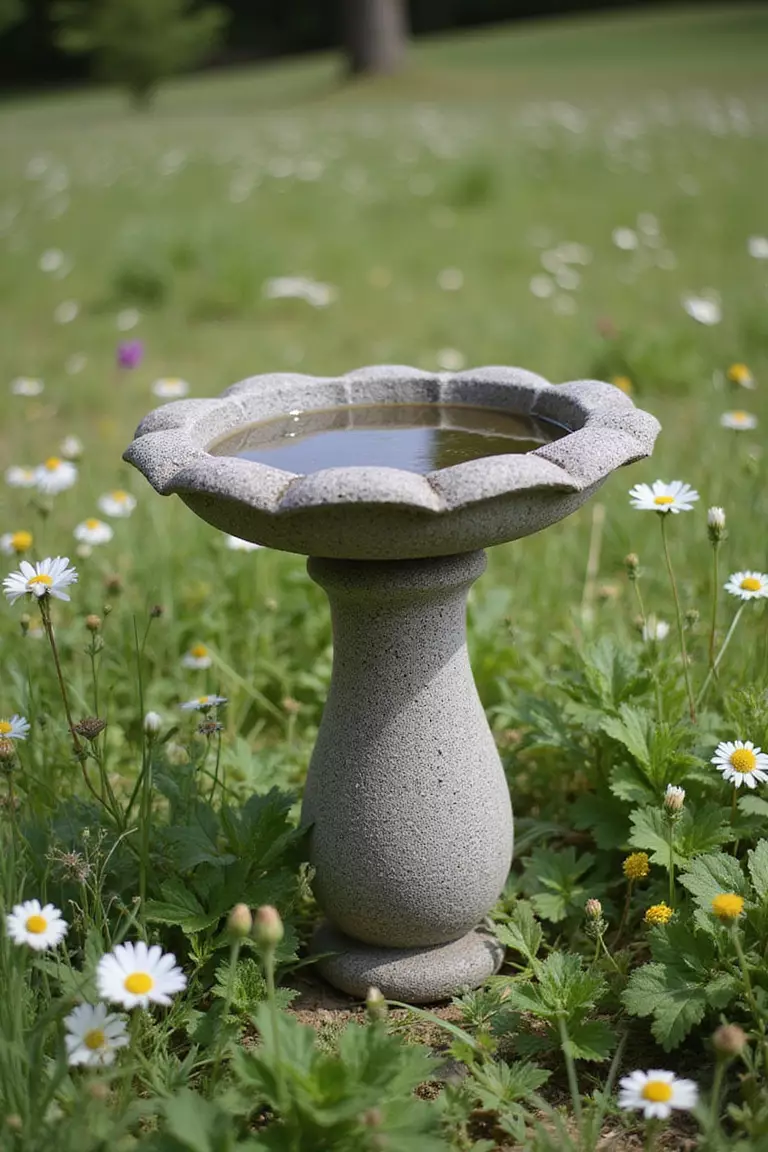 A professional photo, similar to a photo in a gardening magazine, of a small, simple bird bath made of natural stone nestled among meadow flowers, reflecting the sky.