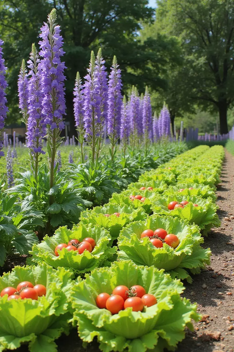 A professional photo, similar to a photo in a gardening magazine, of rows of leafy green lettuce and red tomatoes growing beside tall purple delphinium flowers in a sunny garden.