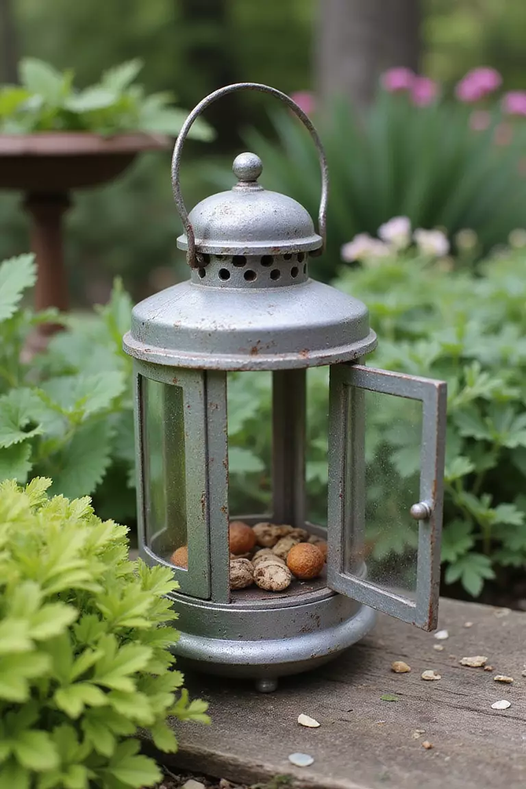 A photo of a typical American garden showing a miniature vintage metal lantern with glass panels, repurposed with the door open and miniature accessories inside.