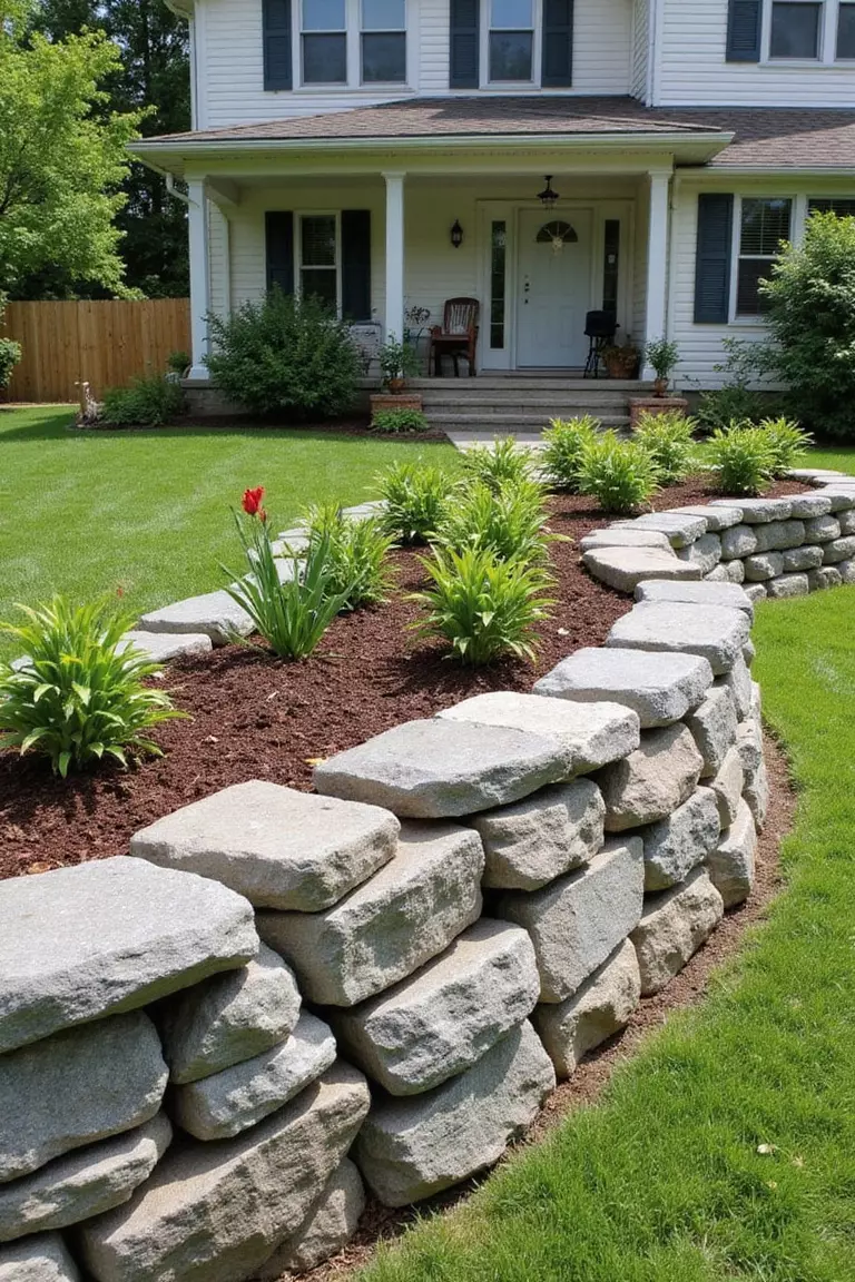 A photo of a typical American home’s garden showcasing a rustic raised garden bed built with stacked natural fieldstones forming a low, curving wall around rich planting soil.