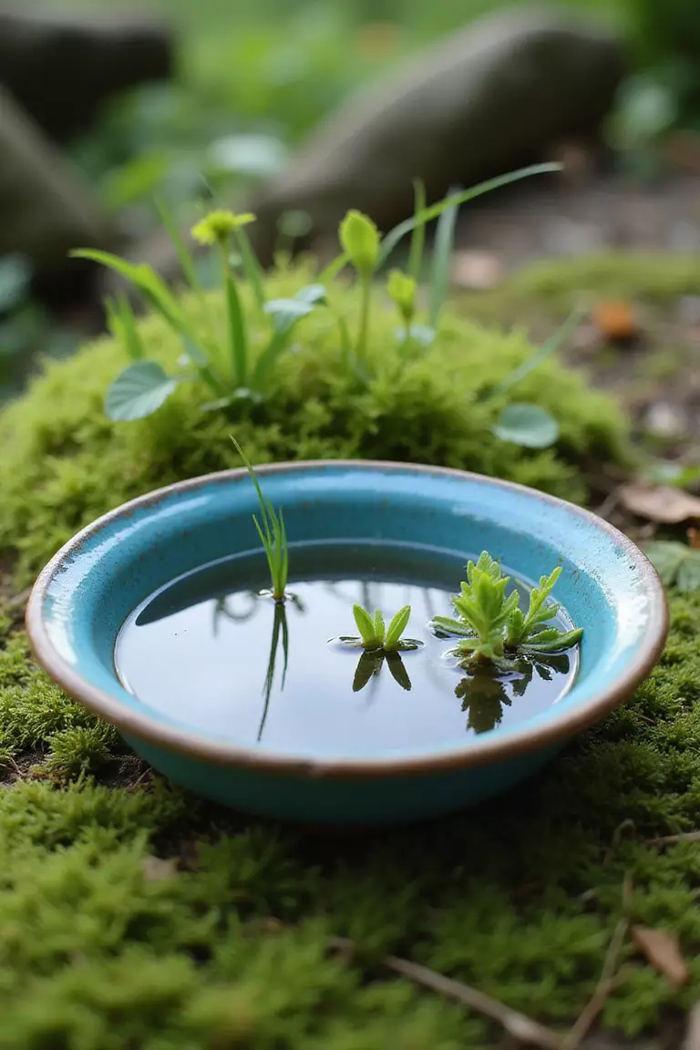 A close-up photo of a typical American garden showing a small, shallow blue ceramic dish filled with water, suggesting a pond, surrounded by moss and tiny plants.