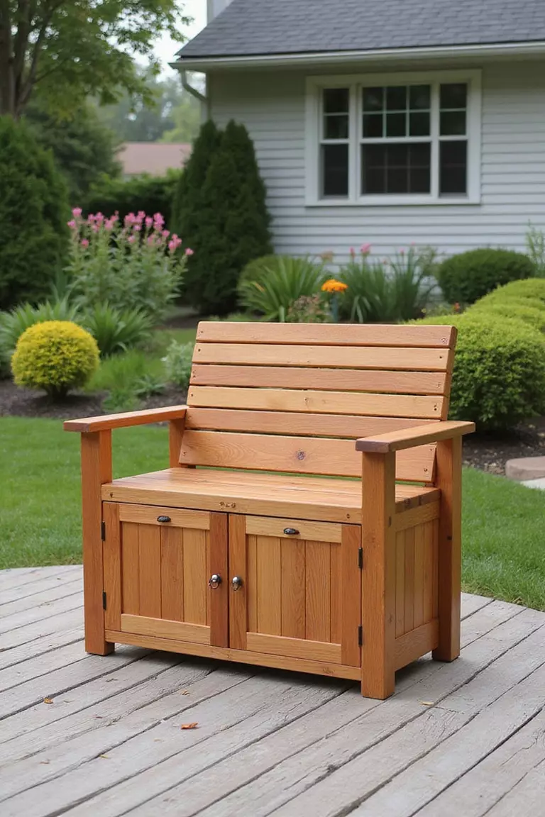 A photo of a typical American home's garden featuring a wooden bench with a hinged seat that lifts to reveal storage space underneath, placed on a deck.