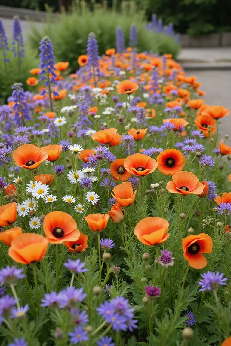 A professional photo, similar to a photo in a gardening magazine, of a garden bed overflowing with a mix of colorful flowers like poppies, daisies, and delphiniums planted closely together naturally.