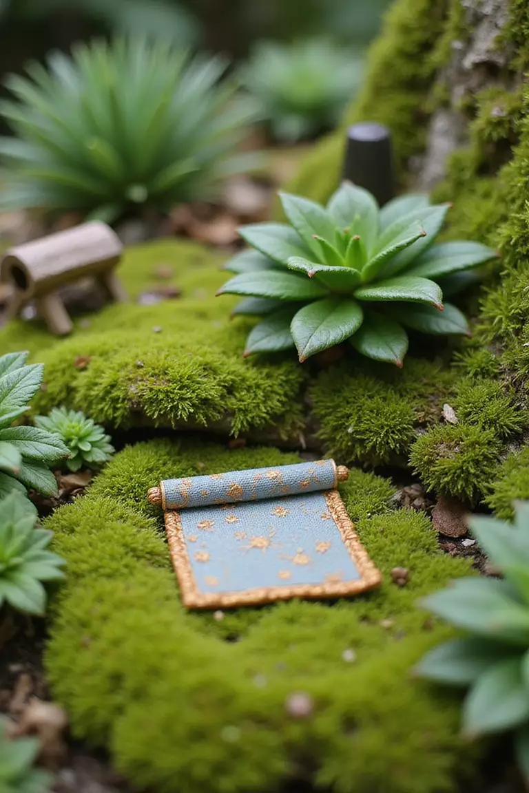 A close-up photo of a typical American garden showing lush green moss covering the soil around miniature plants and fairy accessories like a carpet.