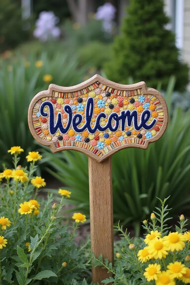 A close-up photo of a typical American garden with a wooden signpost that reads 