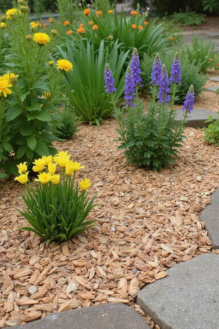 A professional photo, similar to a photo in a gardening magazine, of natural wood chip mulch spread lightly around the base of plants in a newly planted meadow garden area.