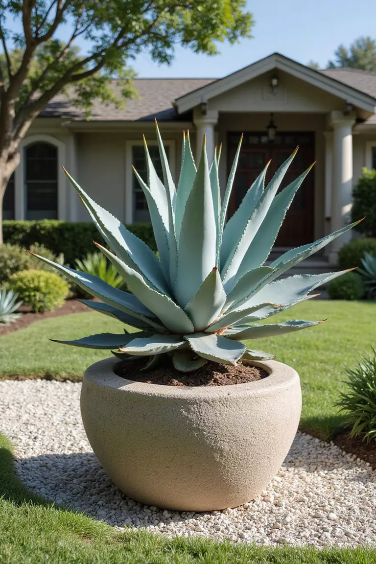A photo of a typical American home’s garden focusing on a large, contemporary stone planter featuring a single, architectural blue agave plant as a dramatic focal point in full sun.