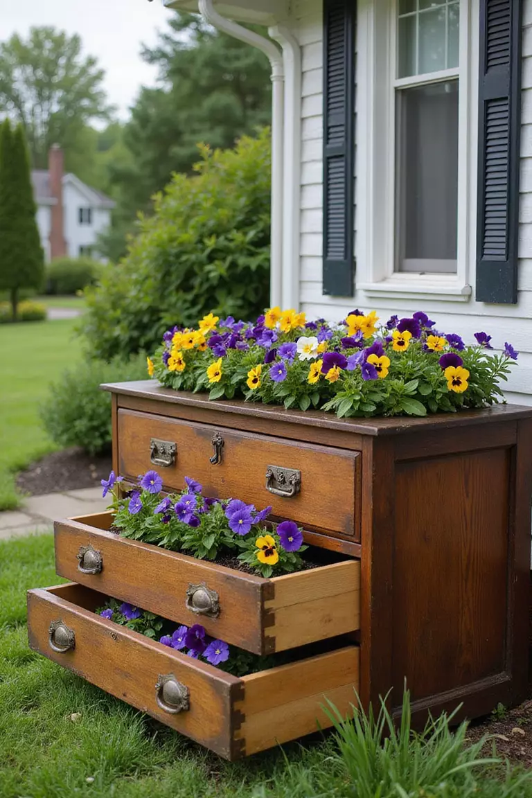 A photo of a typical American home’s garden featuring an old wooden dresser drawer pulled out and placed on the ground, filled with colorful pansies.