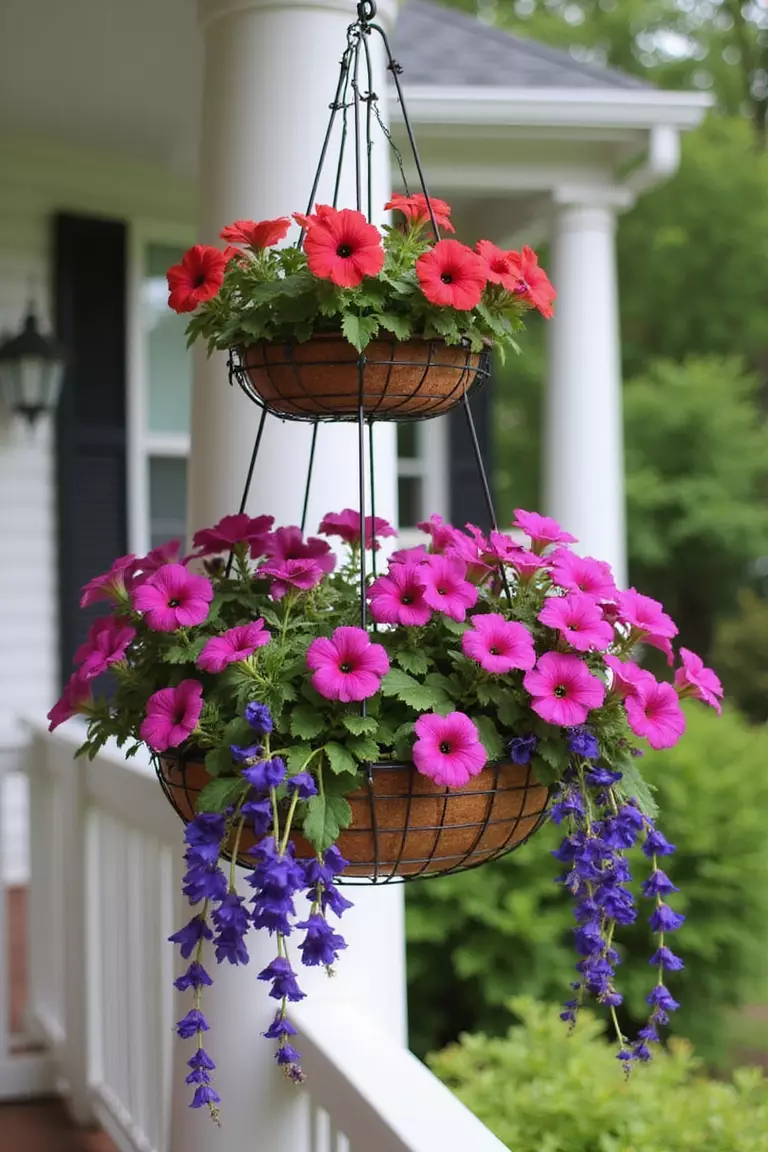 A photo of a typical American home’s garden showcasing a three-tiered wire hanging basket filled with colorful petunias and trailing lobelia hanging from a porch ceiling.