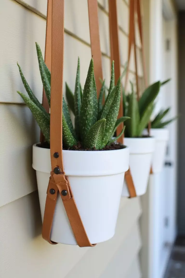 A close-up photo of a typical American home’s garden displaying simple tan leather straps attached to a wall, cradling white ceramic pots with snake plants.
