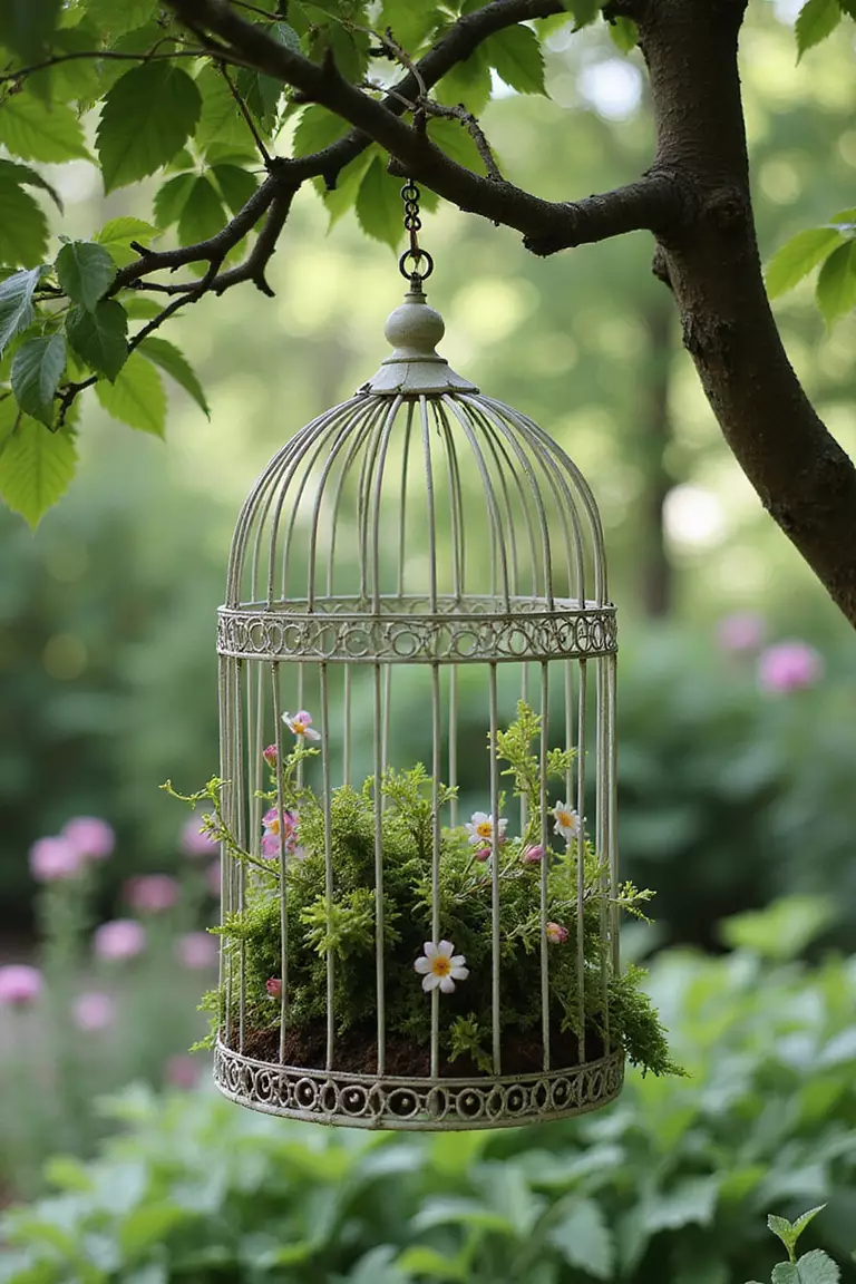 A photo of a typical American home’s garden showing an antique white wire bird cage hanging from a tree branch, filled with moss and flowering vines.