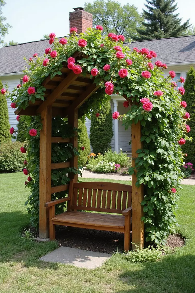 A photo of a typical American home's garden featuring a wooden bench integrated into a small wooden pergola covered with climbing roses, creating a shaded nook.