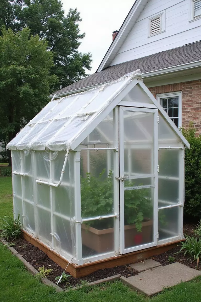 A photo of a typical American home’s garden displaying a simple greenhouse structure with a frame made entirely from white PVC pipes and connectors, covered with clear plastic sheeting.