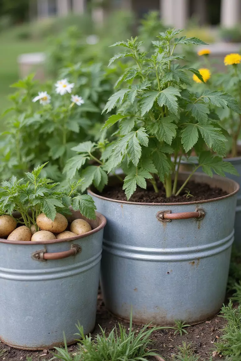 A photo of a typical American home’s garden featuring large, round galvanized metal tubs with handles, used as rustic planters for potatoes and tomatoes.