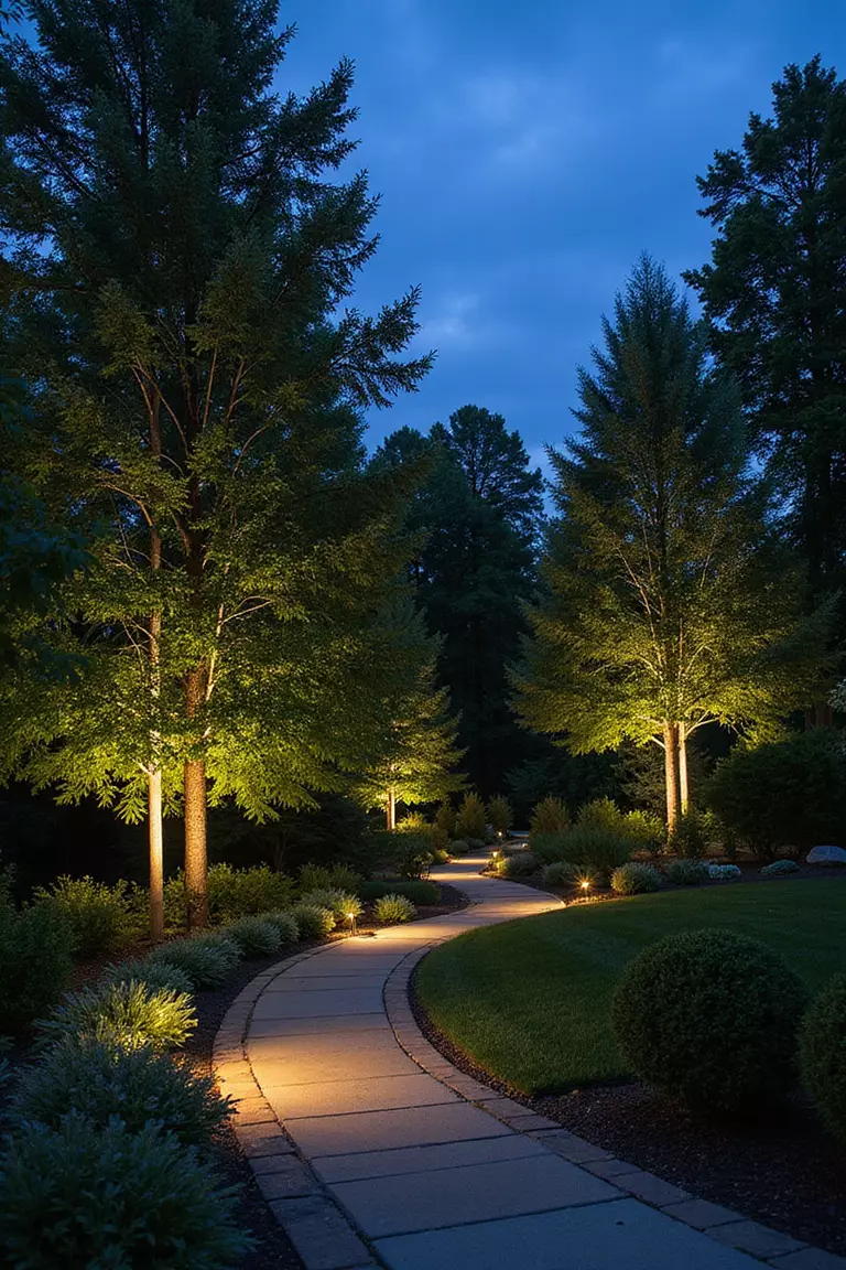 A photo of a typical American garden at dusk, with subtle path lights illuminating walkways and uplights highlighting specimen trees.