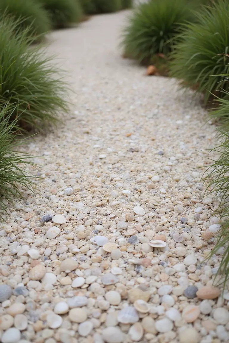 A close-up photo of a typical American home's garden path covered completely with small white and tan seashells, next to coastal grasses.