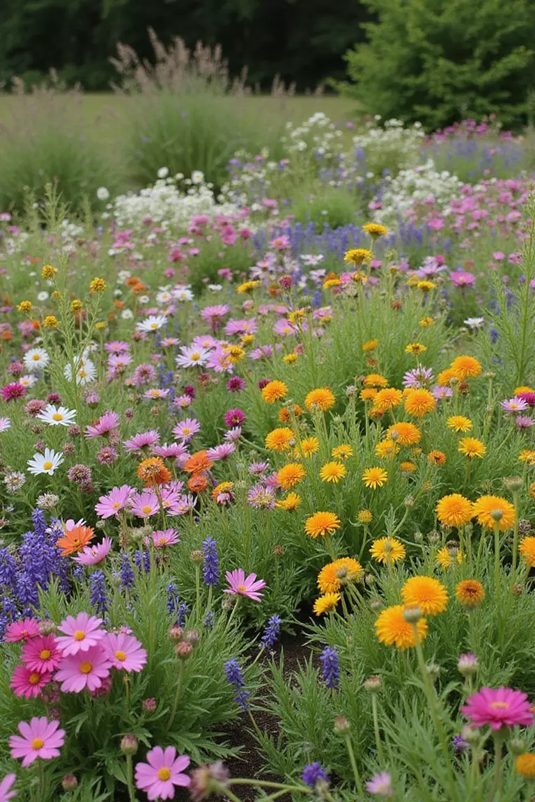 A professional photo, similar to a photo in a gardening magazine, of a meadow garden bed showcasing a blend of sturdy perennial flowers and bright, temporary annual blooms mixed together.