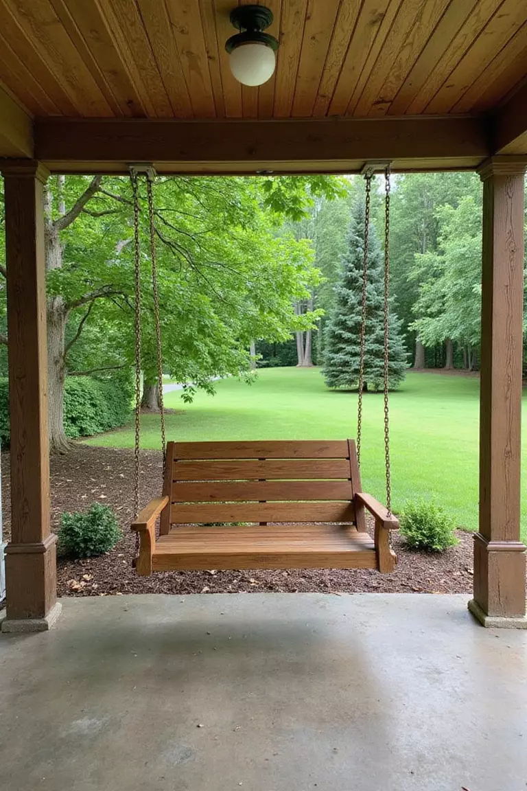 A photo of a typical American home's garden displaying a wooden porch swing bench hanging from chains under a covered porch roof, overlooking a green lawn.