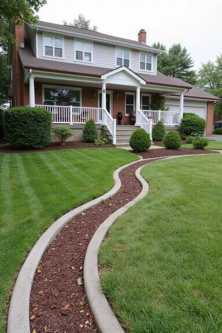 Front yard of a typical American suburban home with a garden featuring a custom-poured, curved concrete curb border separating lawn and mulch.