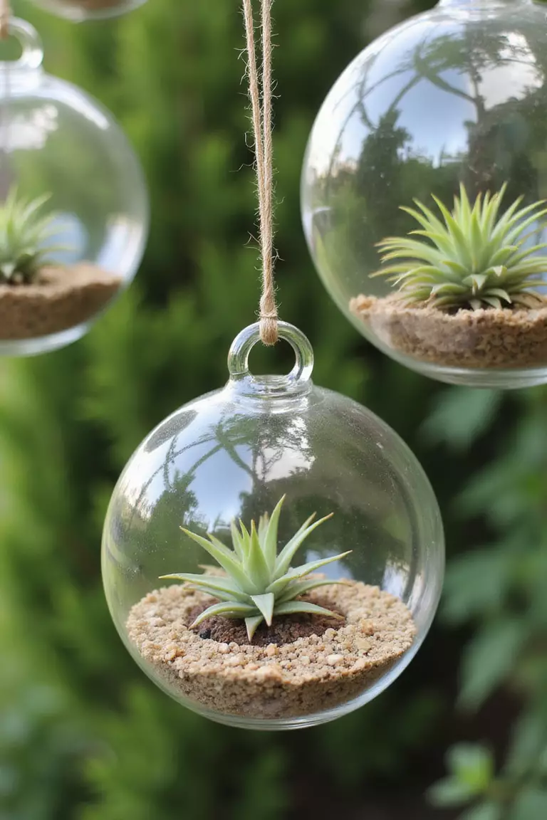 A close-up photo of a typical American home’s garden featuring clear glass orb terrariums hanging from thin wires, filled with small succulents and air plants.