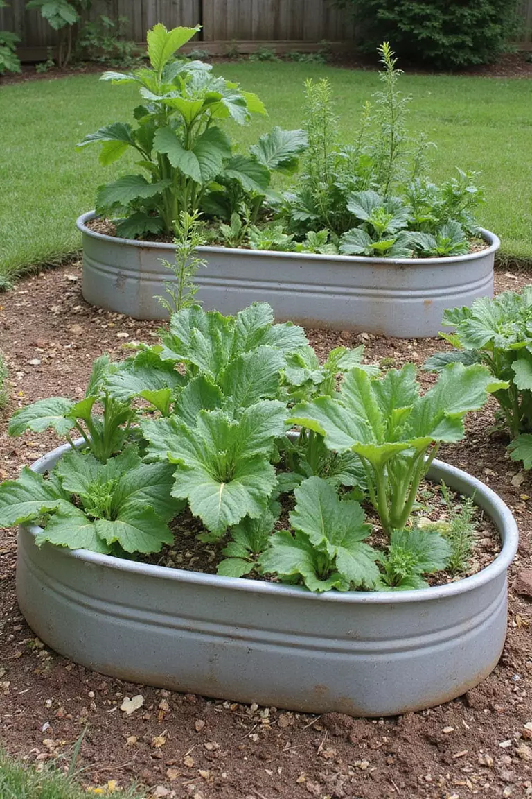 A photo of a typical American home’s garden displaying two oval galvanized metal stock troughs used as raised garden beds, filled with soil and growing various vegetables.