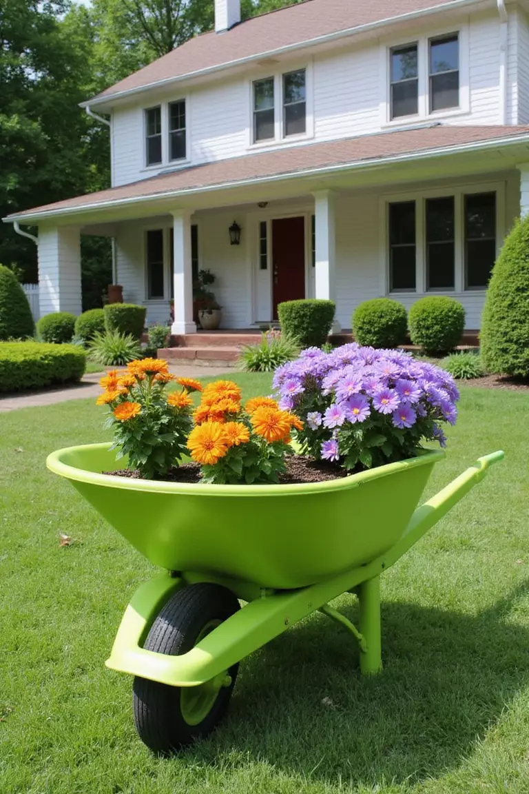 A photo of a typical American home’s garden featuring a wheelbarrow painted a shocking lime green, filled with contrasting purple and orange flowers, standing out on a lawn.