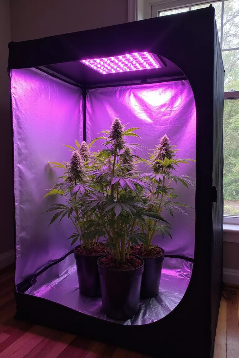 A photo of a small grow tent with reflective interior walls, set up inside a room near a window, containing plants under a purple LED grow light.