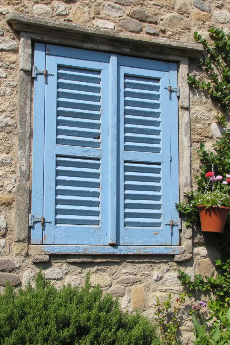 A professional photo, similar to a photo in a gardening magazine, of faded blue wooden window shutters mounted on a stone garden wall as decoration. Small pots hang nearby.