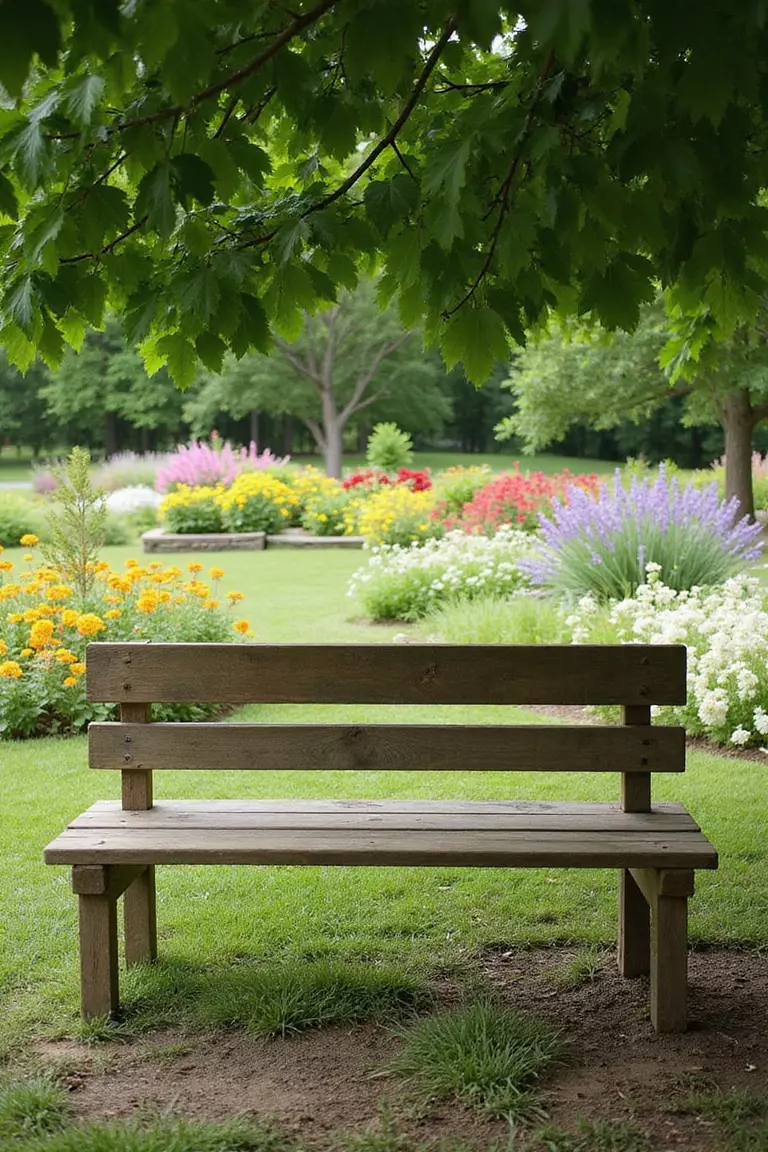 A professional photo, similar to a photo in a gardening magazine, of a simple, weathered wooden bench placed under a large leafy tree, overlooking colorful flower beds in the distance.