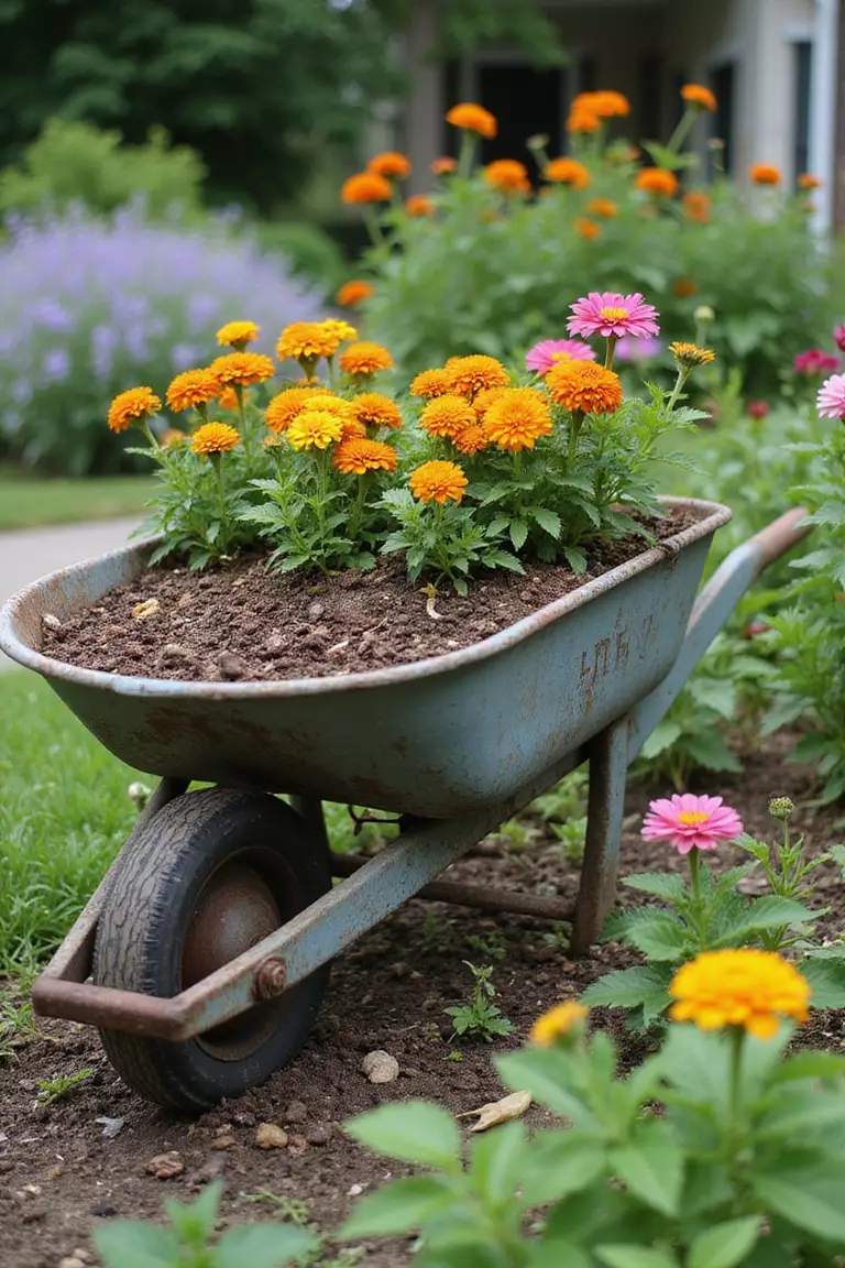 A photo of a typical American home’s garden featuring an old, slightly rusty metal wheelbarrow filled with soil and planted with cheerful marigolds and zinnias.