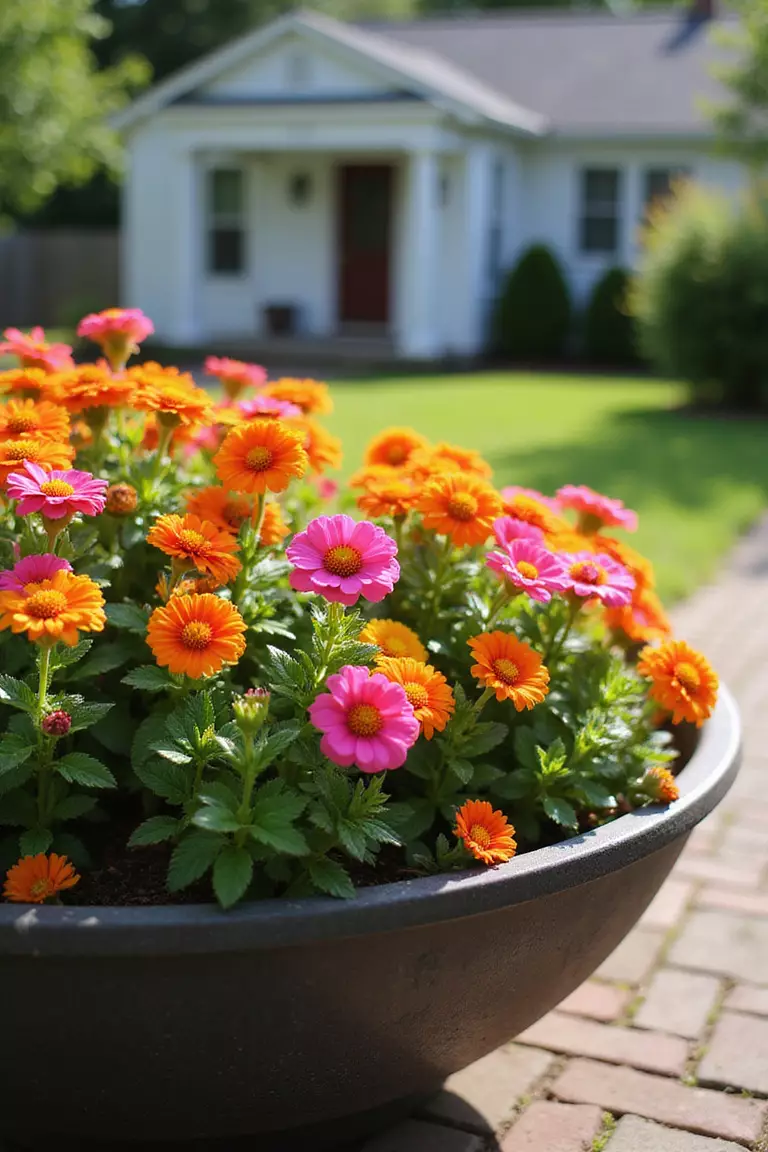 A close-up photo of a typical American home’s garden focusing on a low, wide bowl planter where colorful portulaca flowers in hot pink, orange, and yellow are fully open in the bright sun.
