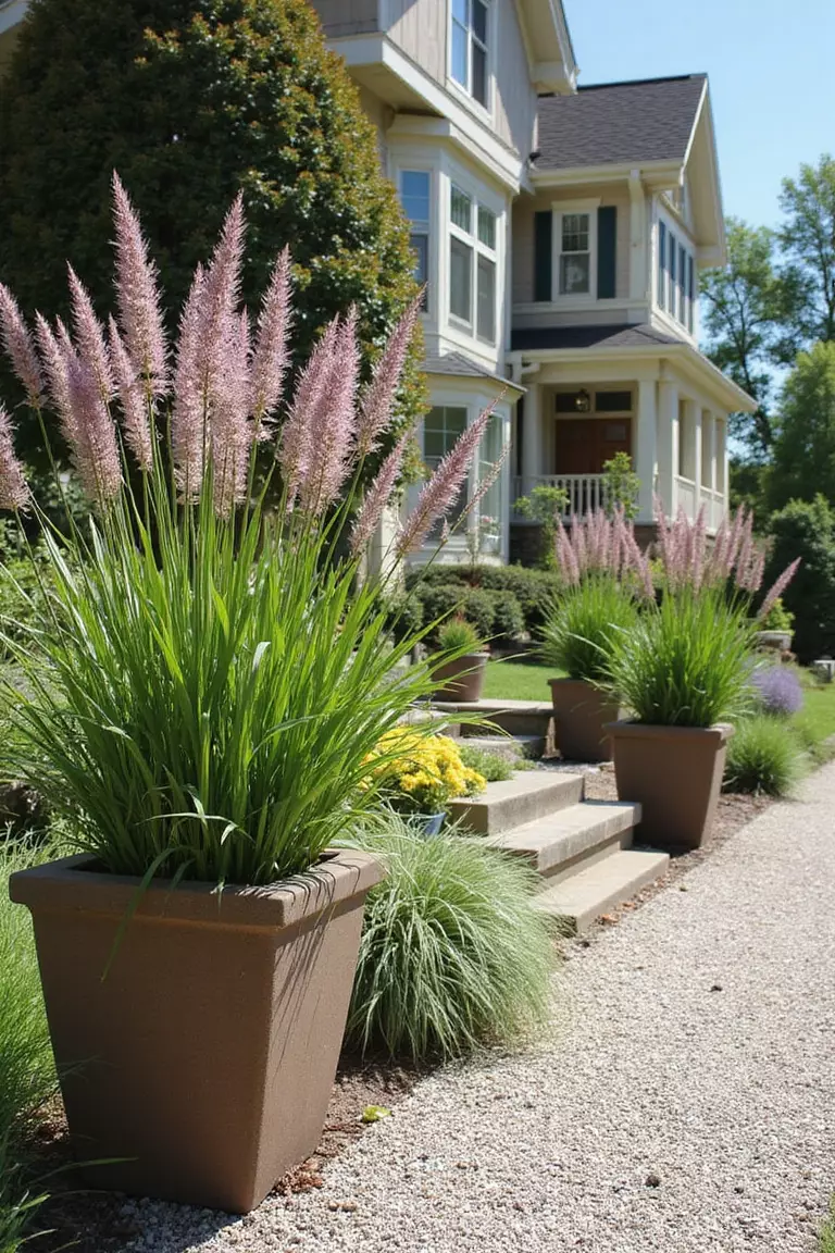 A photo of a typical American home’s garden showing tall, slender ornamental grasses like purple fountain grass swaying gently in large, modern planters positioned on a sunny gravel path.